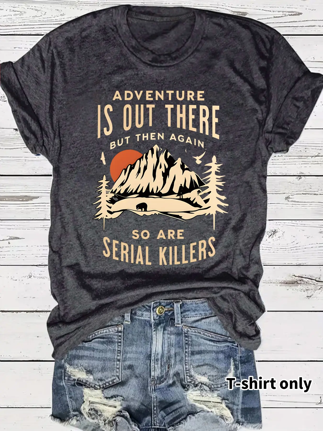 Camping Adventure Graphic Tee, Casual Short Sleeve Round Neck Women's Top, Comfortable Breathable Knit Summer Fitted T-Shirt, Affordable Fashion, Prints, Casual Tops, Casual Tee Shirts