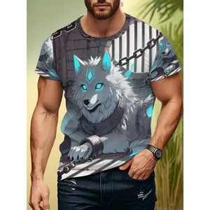 Men's Digital Print T-shirt Mythical White Wolf with Glowing Eyes Chains Casual Streetwear for Wolf Lovers Perfect Halloween Thanksgiving Christmas Gift