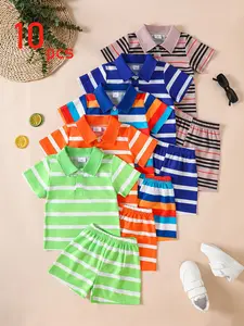 Boys' College Style Urban Casual Striped Short Sleeve Polo T-Shirt + Shorts Set, Summer Outdoor Camping Travel Sports Fishing Ball Playing