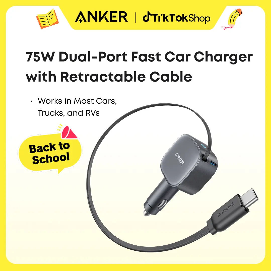 Anker USB-C Car Charger, 75W Max Fast Charging, Sleek and Compact Design with Retractable Cable, for iPhone 17 / 16 / 15 Series, Samsung S24 / S23, MacBook, and More sohochic,back to school,back to school haul