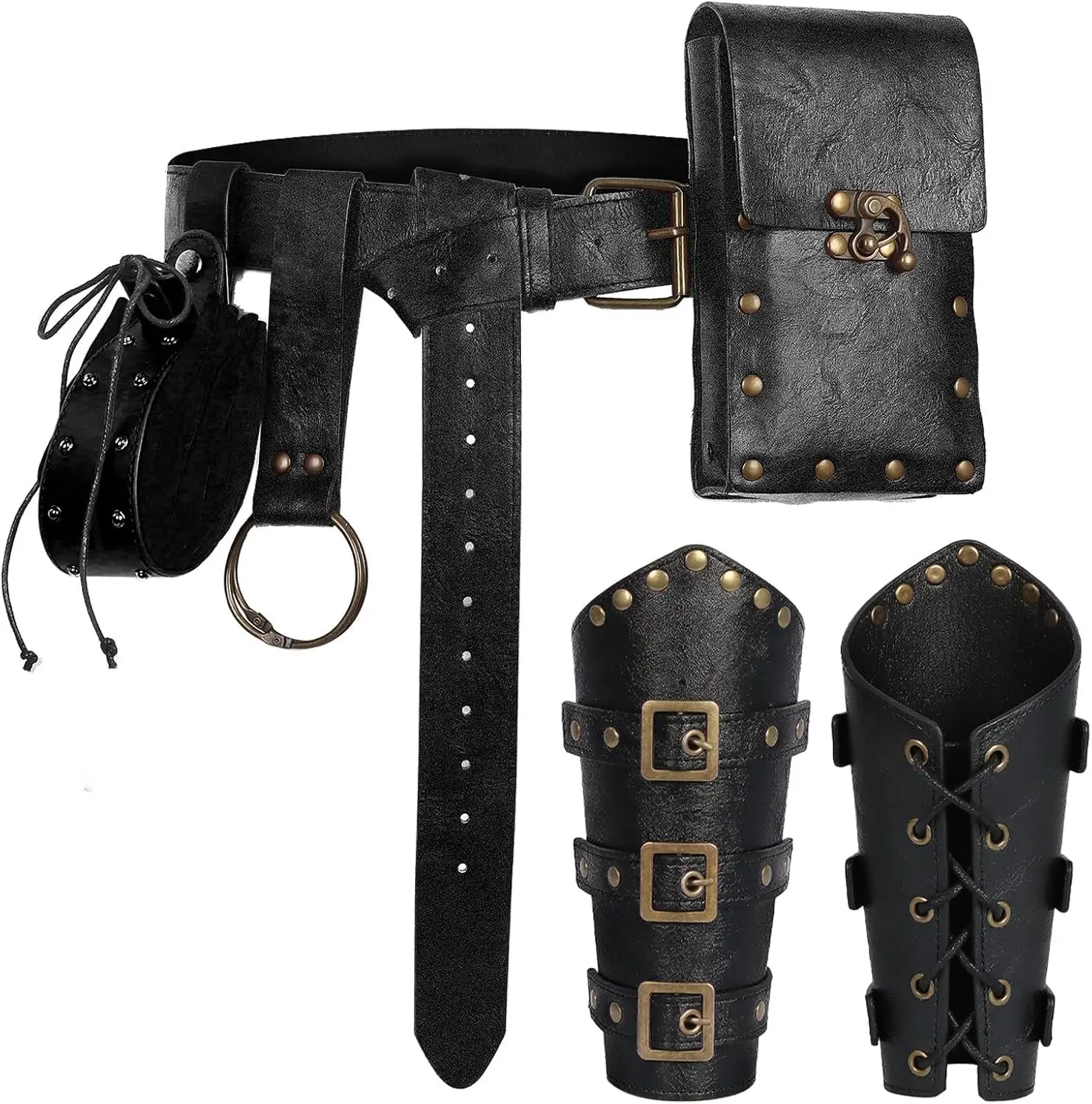 Renaissance Belt Pouch Set Medieval Viking Pirate Leather Belt Pouch & Bracers, Festival Accessories for Halloween (Black)Gift.