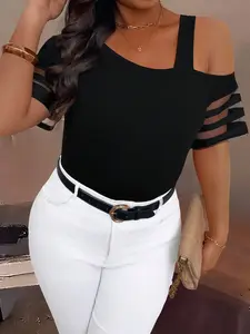 Plus Size Women's One-Shoulder Cut-Out T-Shirt, Sexy Street Style, Stretch Fit, Reveals Collarbone, Conceals Fatigue