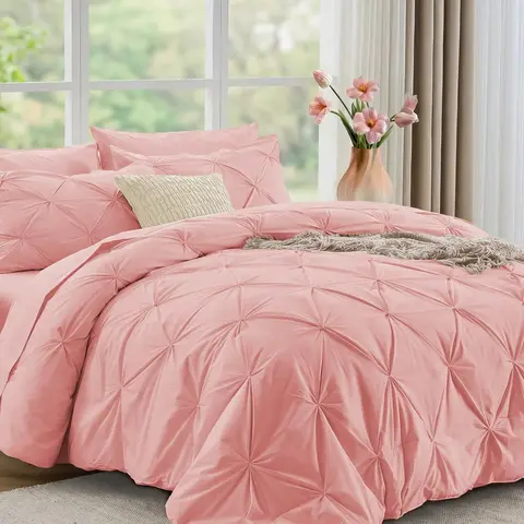 JOLLYVOGUE 7-Piece Bedding Set - All Seasons Pintuck Comforter with Flat/Fitted Sheets, Pillowcases, Pillow-Sham Set, 240 GSM Plush Microfiber, Cold Iron or Steamer Safe, 100-Wash Durable, Pink for Cozy Bed Setup