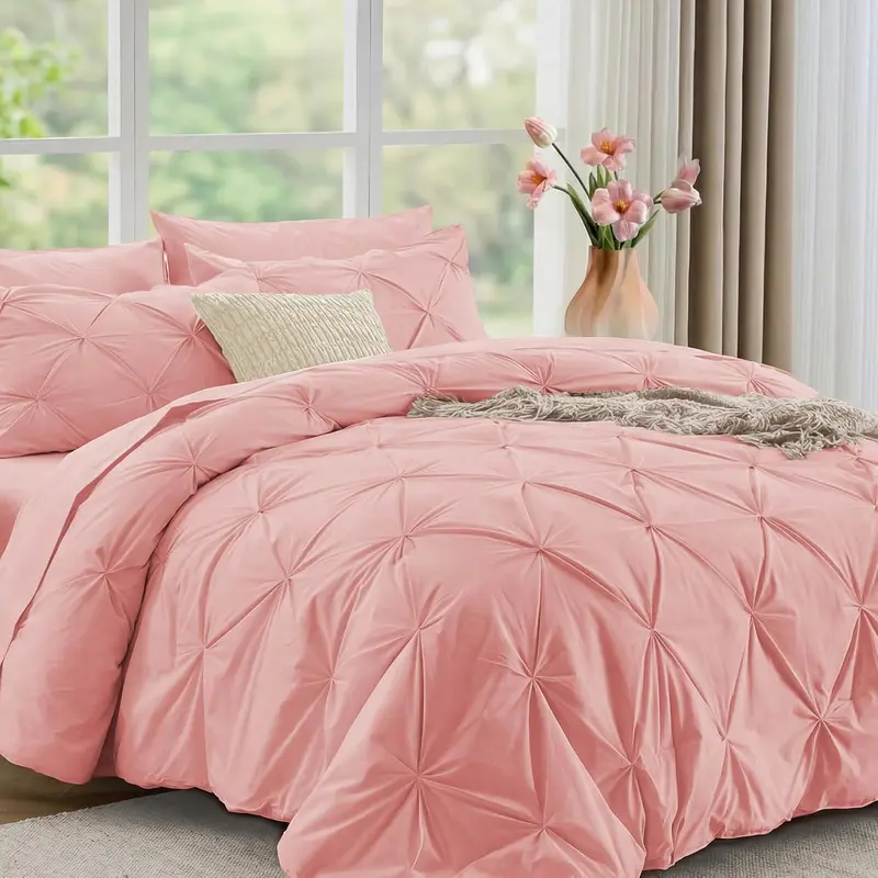 JOLLYVOGUE 7-Piece Bedding Set - All Seasons Pintuck Comforter with Flat/Fitted Sheets, Pillowcases, Pillow-Sham Set, 240 GSM Plush Microfiber, Cold Iron or Steamer Safe, 100-Wash Durable, Pink for Cozy Bed Setup