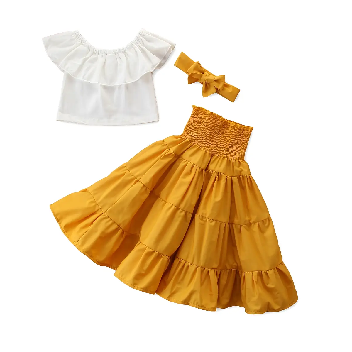 3Pcs Toddler Baby Girl Off Shoulder Ruffle Crop Top Maxi Long Skirt Headband Outfits Set