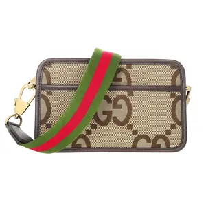 Pre-owned GUCCI Monogram Messenger Bags Jumbo GG Textured Dollar Calfskin Web Mini Crossbody Camel