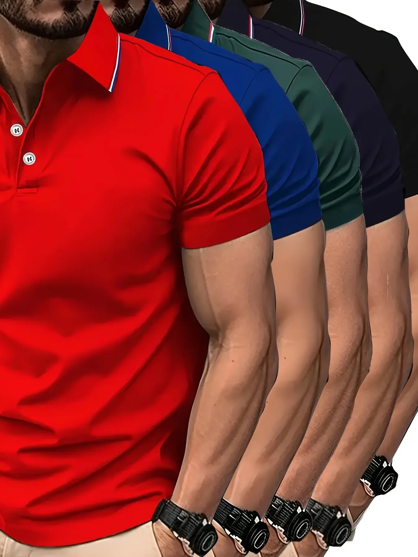 Men's 5-Pack Casual Fashion Short Sleeve Golf Performance Collared Polo T-Shirts, Breathable Tops, Breathable Comfort Fabric, Solid Color, Regular Fit, All Seasons, Golfing T Shirt