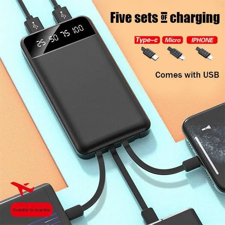 10000mAh Power Bank - With 4 Built-in Cables