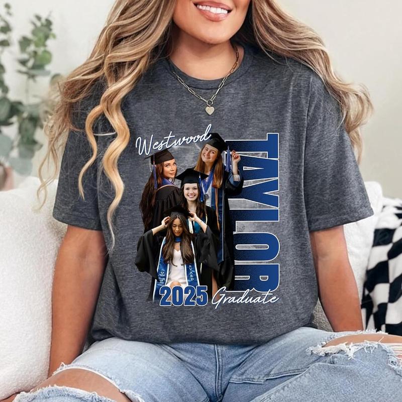 Personalize Photo 2025 Graduate Shirt for Women Proud Family Member Senior Graduation Tee with Name Photo 2025 Black Cotton Round Neck Short Sleeves