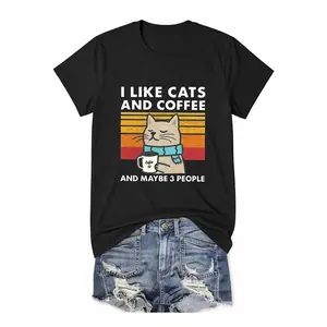 Women's cat & letter print crew neck tee, soft short sleeve, casual daily wear for summer