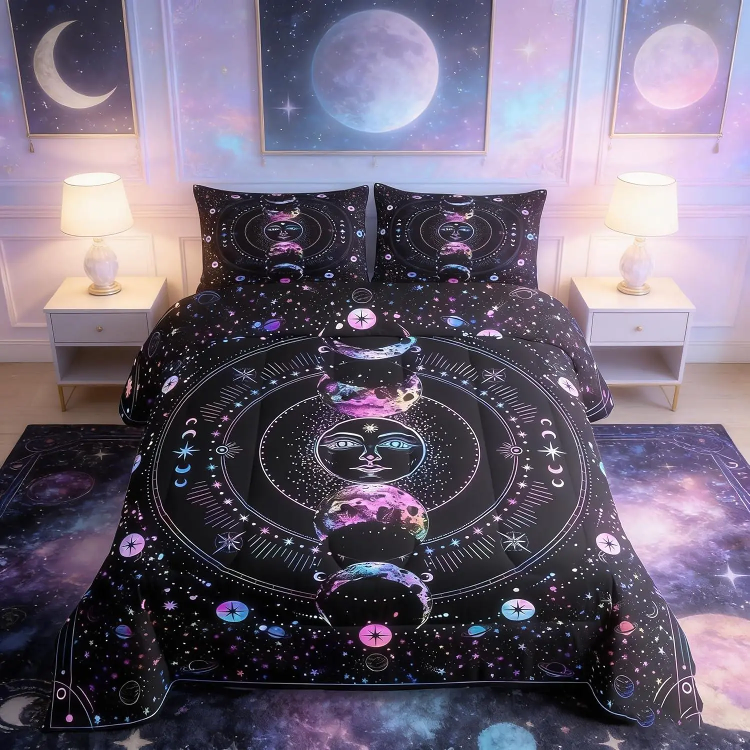 Feelyou Sun and Moon Space Stars Psychedelic Lightweight Fill Bedding Set - Boho Colorful Duvet Insert Comforter,Set Includes Room Decor for ,Space Themed Bedroom Essential