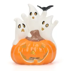 LED Ceramic Ghosts -  Cute Halloween Decorations for Indoor, Table, Desk, Tray, Shelf, Bedroom - White Spooky Figurines