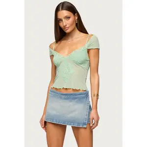 Shoulder Tie Lacey Sheer Mesh Top