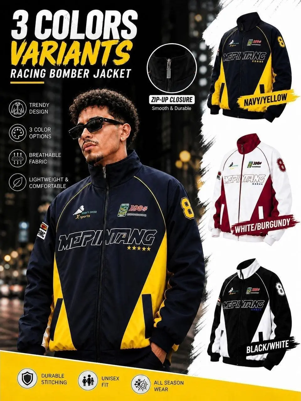 Men’s Thin Windproof Polyester Motorcycle Racing Jacket - Lightweight Polyester Clothes, Outdoor Sportswear with Embroidered Fashion Stitching Patterns, Unisex Fit Outerwear
