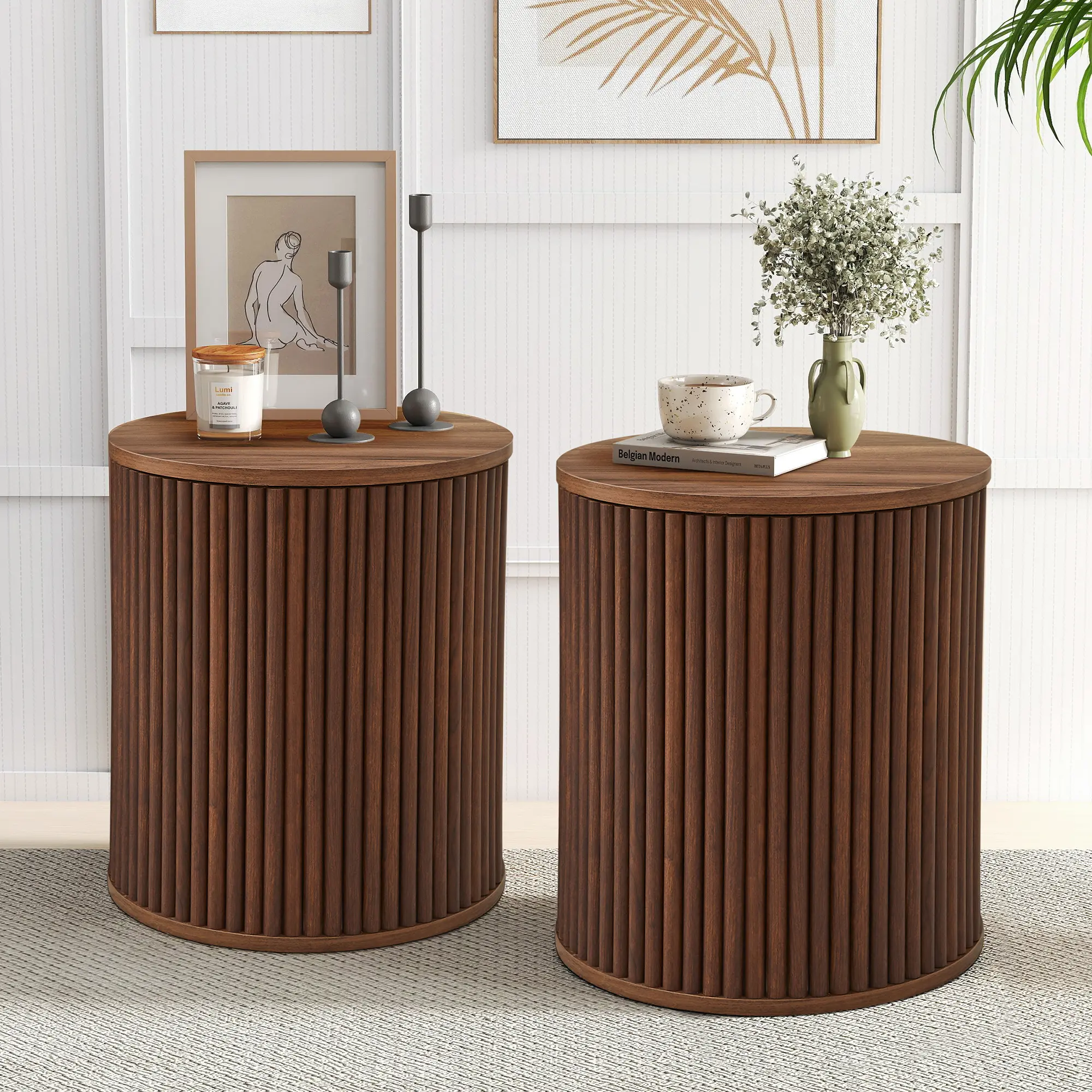 Giratree Fluted Round Wooden Side Table with Hidden Storage, 15.7" Small End Table/Boho Nightstand for Bedroom, Living Room, Single or 2-Pack