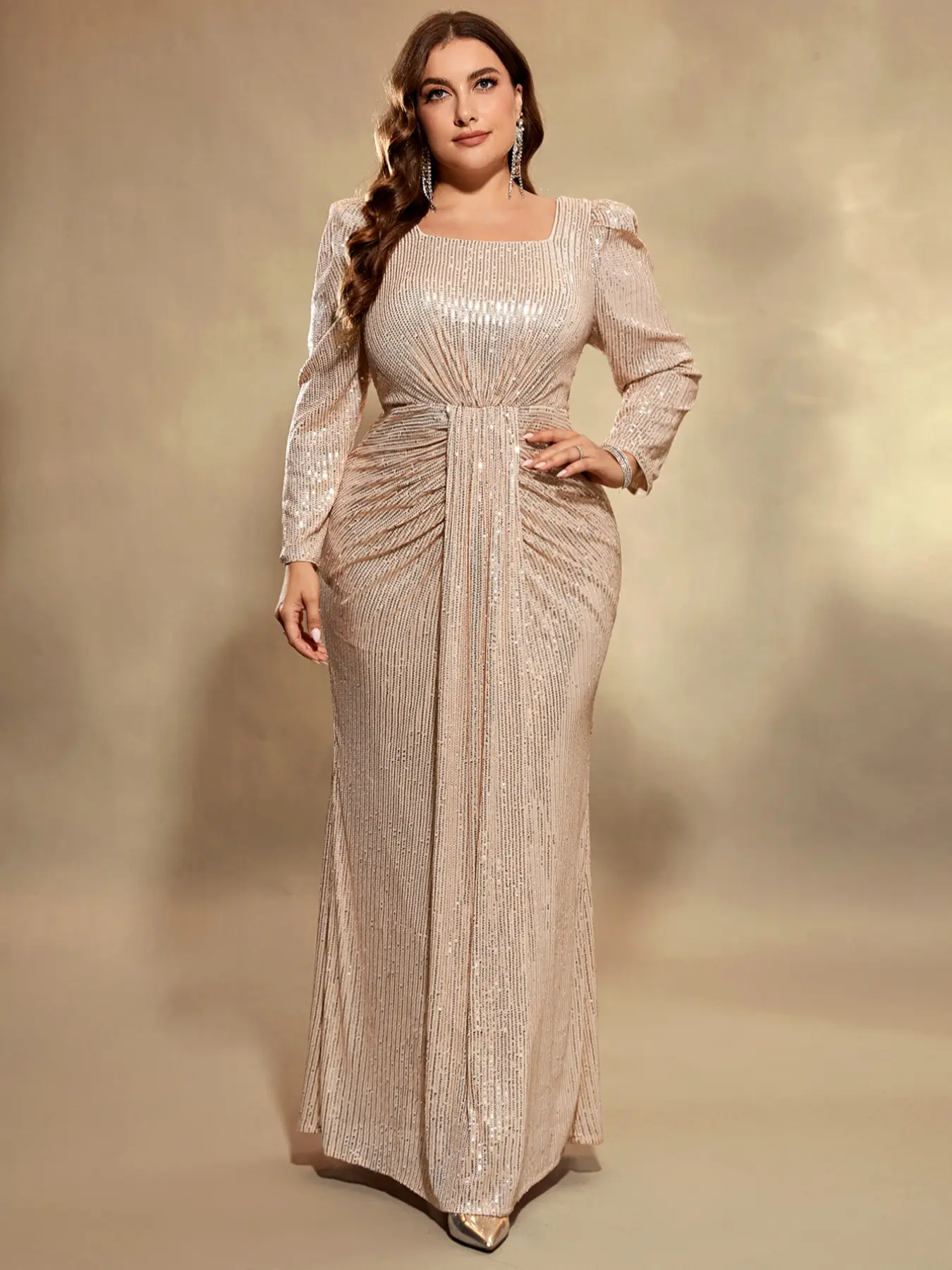 square neck long sleeve formal dress Long Sleeves Square Neck Long Mermaid Formal Dress With Pleated main image 1