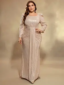 Elegant Sequined Square Neck Long Sleeve Bodycon Maxi Dress, Ruched Waist Formal Evening Party Gown, Sophisticated Prom Dress, Fit, Formal Wear, Lady Womenswear