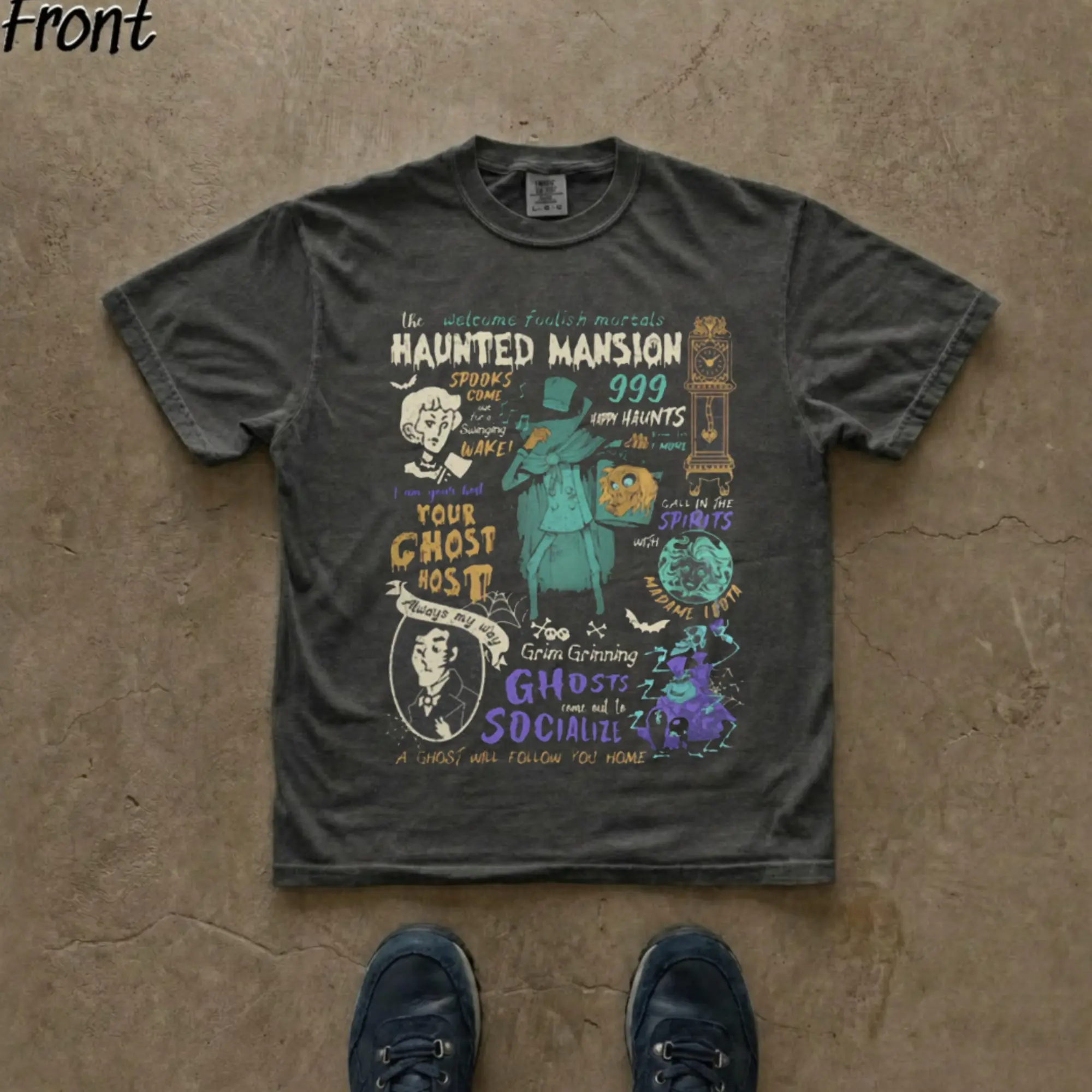 Vintage Haunted Mansion Welcome Foolish Mortals T-Shirt - Grim Grinning Ghosts Socialize Retro Graphic Tee, Spooky Ghost Host Shirt, Movie Fan Shirt, 90s Pop Culture Shirt, Fitted Shortleeve T-Shirt, Men's Black Round Neck Menswear, Gift for Men