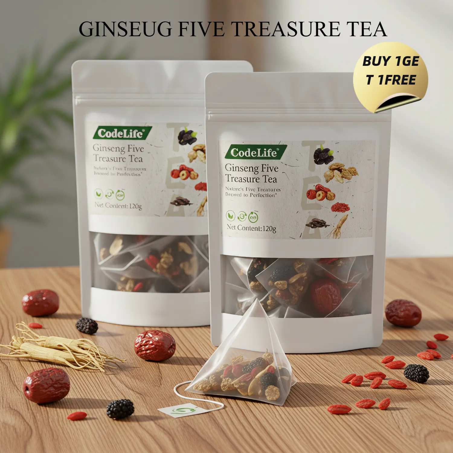 Buy One Get One Free | Men Wellness Scented Tea, Traditional Ginseng Five Treasure Formula with Red Date, Wolfberry and Mulberry