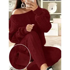 Two-Piece Set for Autumn and Winter, Long Sleeve Pullover Sweater with Knit Long Pants, Casual Minimalist for Everyday Wear
