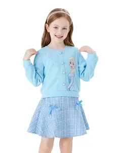 PatPat Disney Frozen Toddler Girl 2pcs Elsa Cotton Top with Tweed Bowknot Skirt Set Deep Blue Pearl Button Knit Top & Tweed Skirt Set for Children