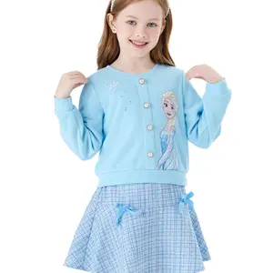 PatPat Disney Frozen Toddler Girl 2pcs Elsa Cotton Top with Tweed Bowknot Skirt Set Deep Blue Pearl Button Knit Top & Tweed Skirt Set for Children