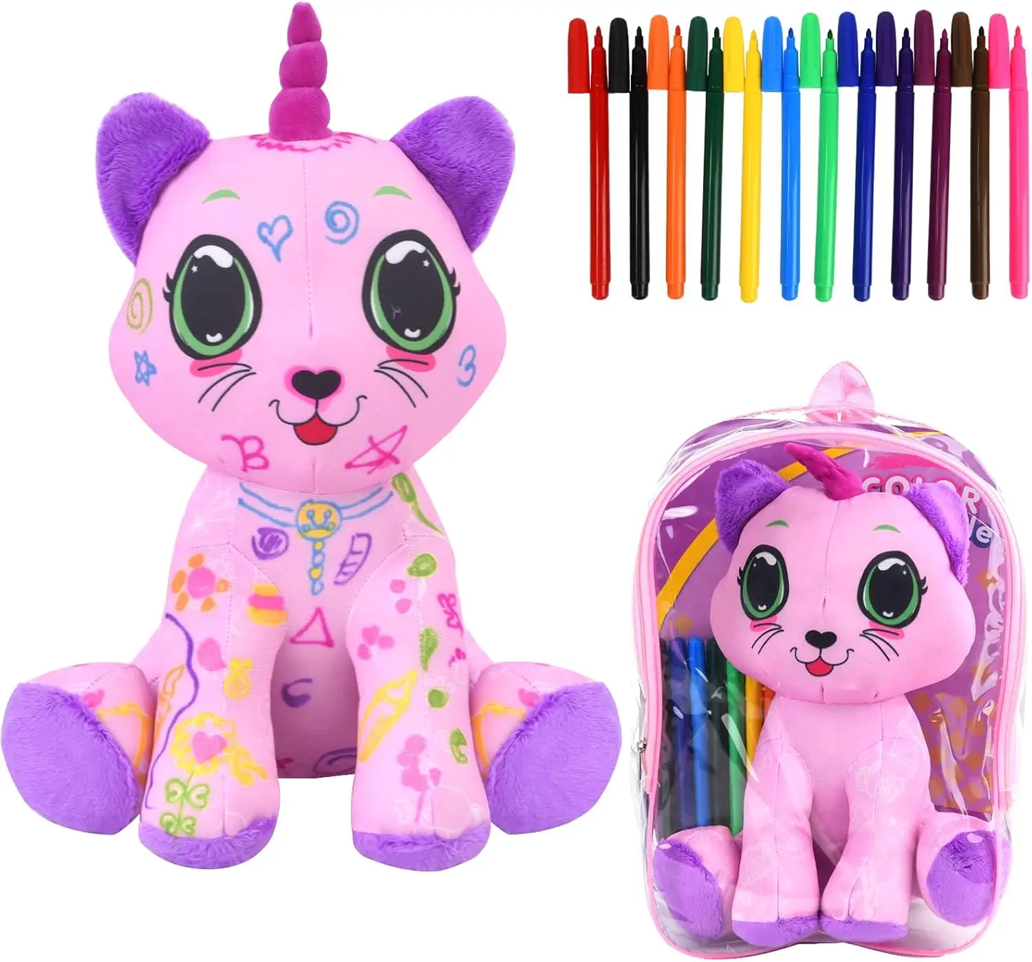 Coloring Plush Toy with 12 Washable Markers | Stuffed Animals & DIY Doodle Dolls for Girls Ages 4-6 | Arts and Crafts Soft Stitch Stuff Toy | Perfect Birthday Gift for Little Artists (Safe & Washable!)