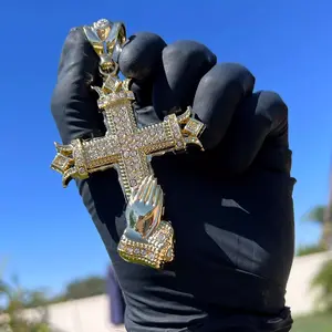 Men's 14k Gold Plated Cross with Praying Hands Hip Hop Pendant, Iced Bling Out CZ 4"
