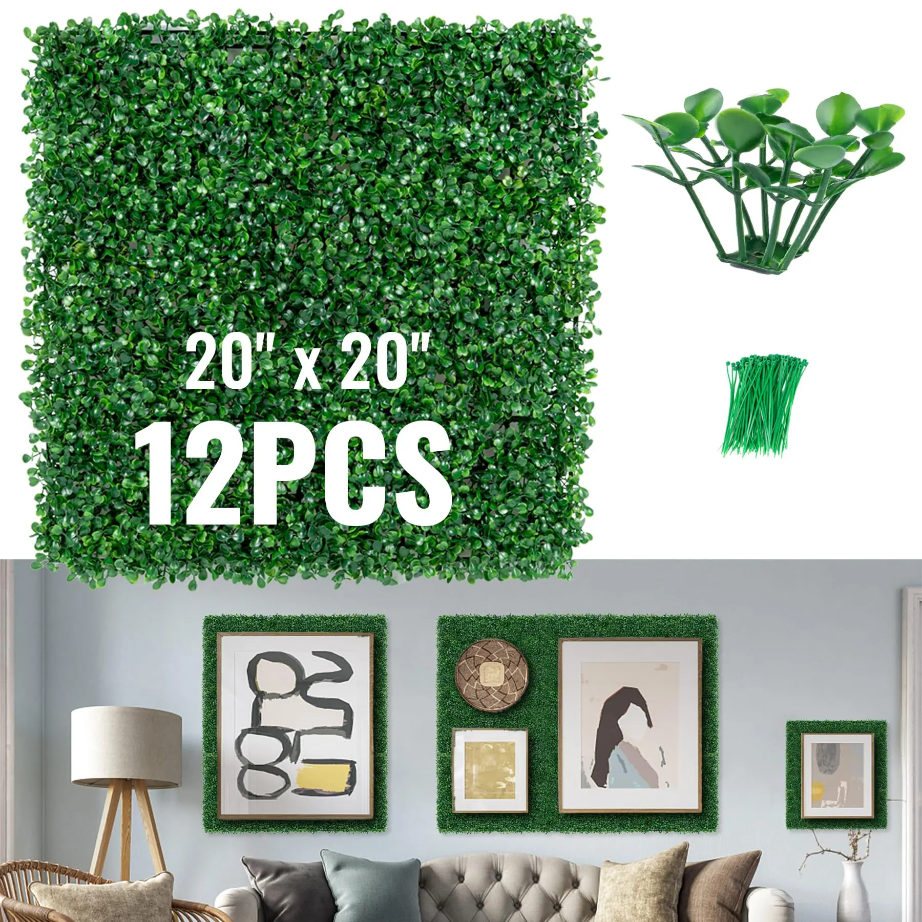 Artificial Grass Wall Panel Backdrop with Zip Ties,Artificial Boxwood Faux Green Wall Backdrop for Indoor,Garden,Fence,Backyard and Outdoor Patio Decor Realistic High Density