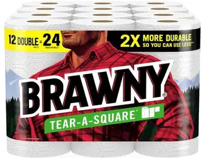 Brawny Tear-A-Square Paper Towels, 12 Double Rolls = 24 Regular Rolls, 3 Sheet Sizes (Quarter, Half, Full), Strength for All Messes, Cleanups, and Meal Prep