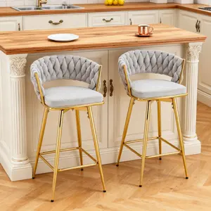 Set of 2 Swivel Bar Stools with Breathable Cotton Linen, Adjustable Footrest, Electroplated Metal Frame, Modern Counter Height for Kitchen Island, Antique Grey White