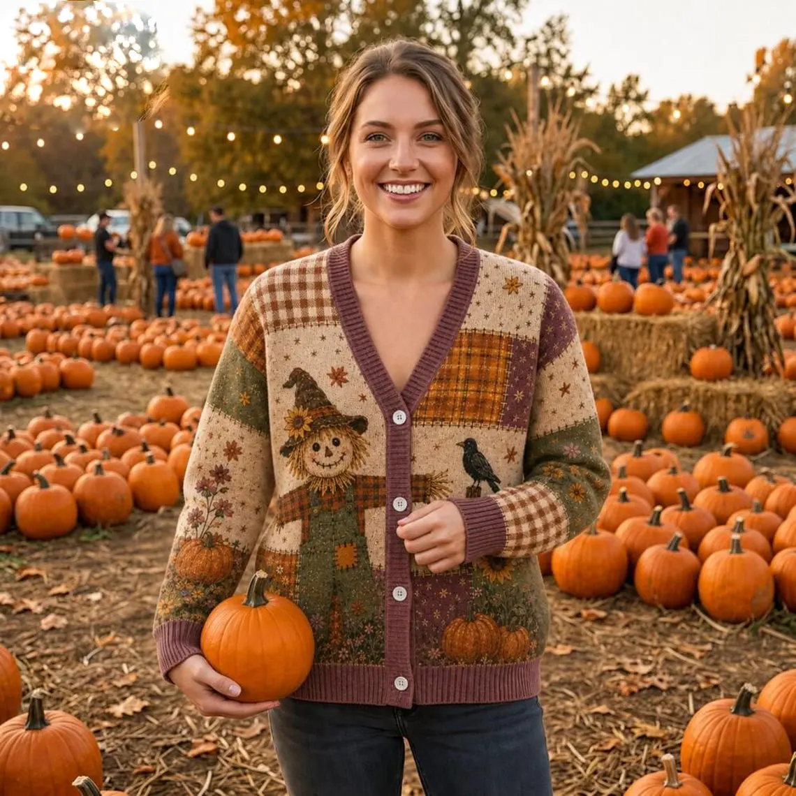 Personalized Halloween Cardigan 2026, Scarecrow Pumpkin Patchwork Sweater, Spooky Moon Witch Cardigan, Fall Harvest Knit, Gift for Her