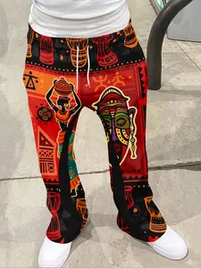 Men's Patchwork Full Print Bell Pants, Ethnic Style All-Over Print Casual Long Pants, Geometric Totem Pattern, Breathable Streetwear Fashion, Casual Lounge Pant