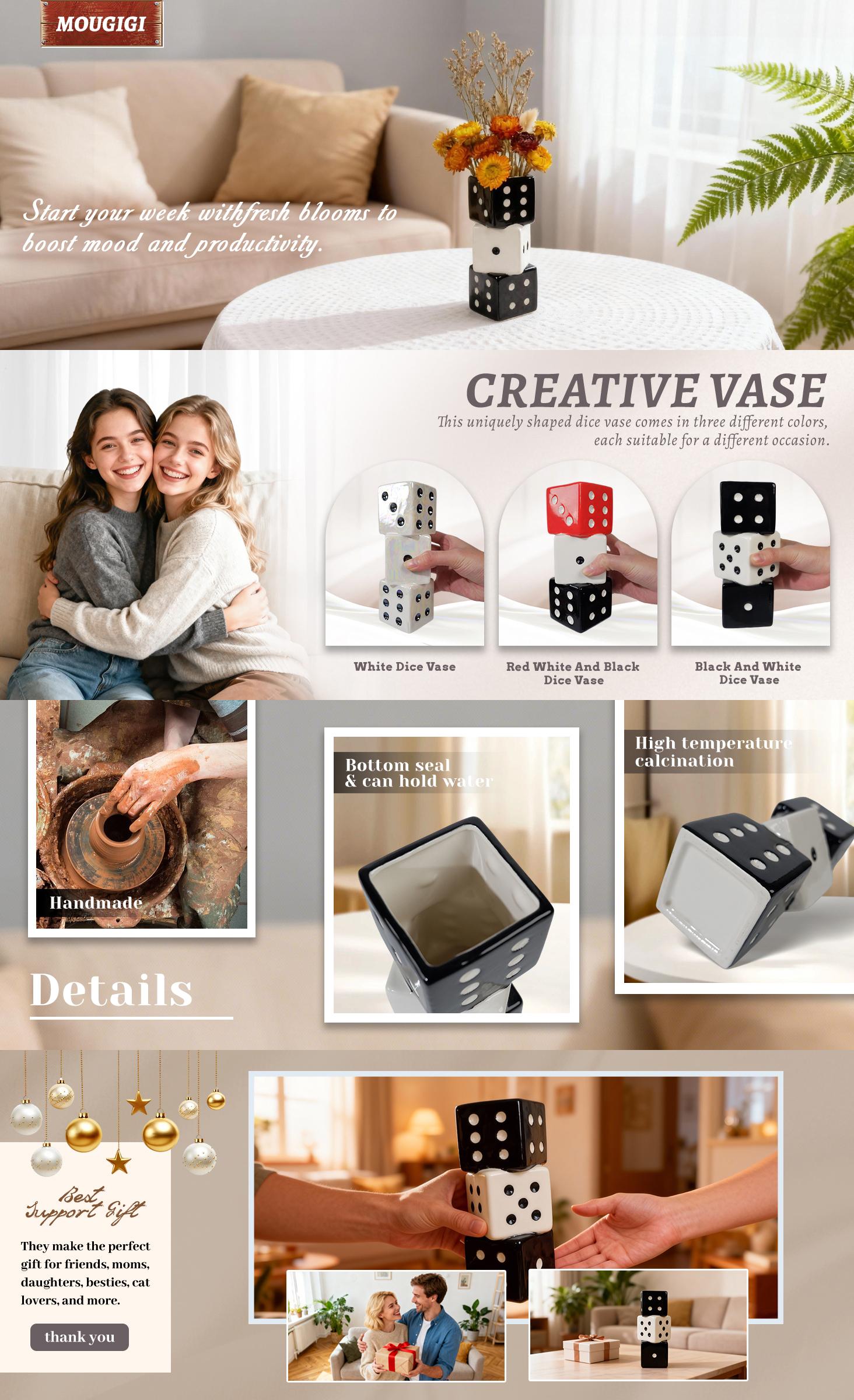 Ceramic Dice Vase - Unique Decor for Dried Flowers, Rose, Pampas Grass - Stunning Design for Any Modern Space for Inspiring Smiles