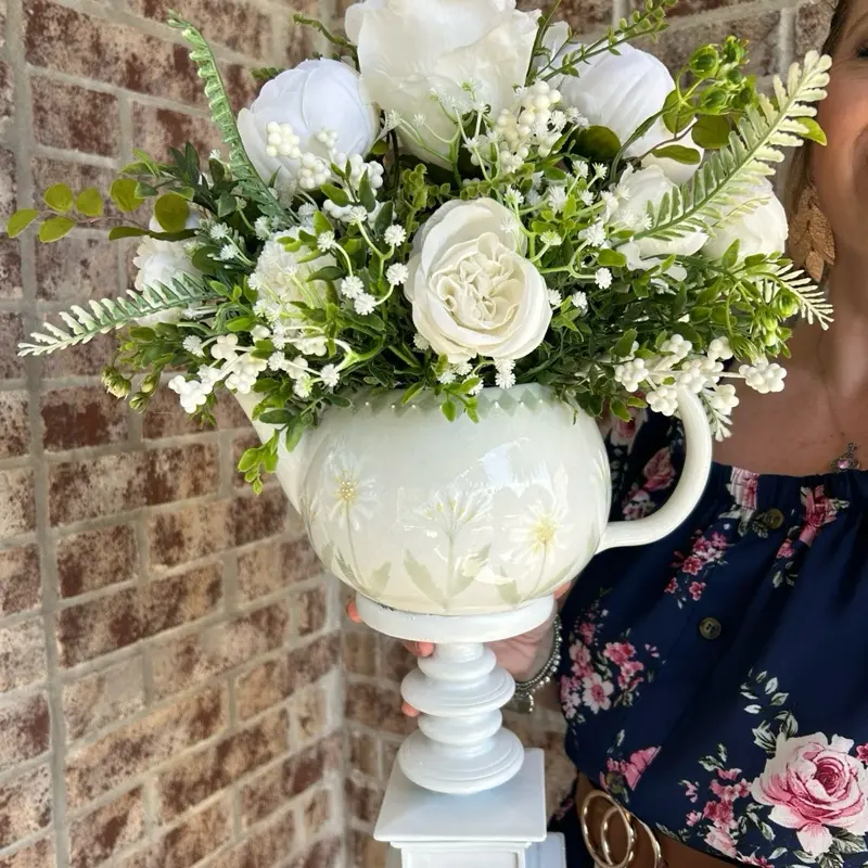 Teapot Treasure Teapot Candle Pillar Centerpiece with White Roses, Peonies, Carnations & Greenery, 22 Inches Tall x 17 Inches Wide