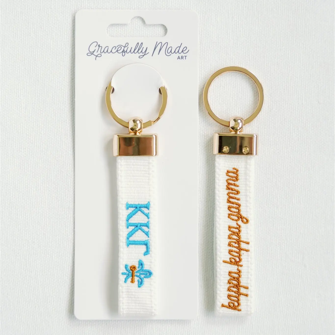 Kappa Kappa Gamma Officially Licensed Embroidered Keychain with Gold Hardware Double-Sided Sorority Letters & Name Script Accessory Sorority