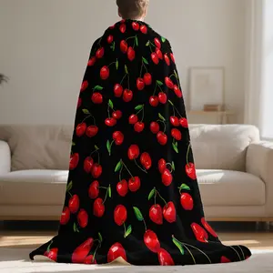 1pc Vintage Cherry Red Fruit & Black Flannel Throw Blanket - Lightweight, Soft & Plush All-Season Blanket for Home, Office, Travel, Stylish Bedroom Decor, Blanket for Bed, Bold Contrast Design, Easycare Fabric-280GSM