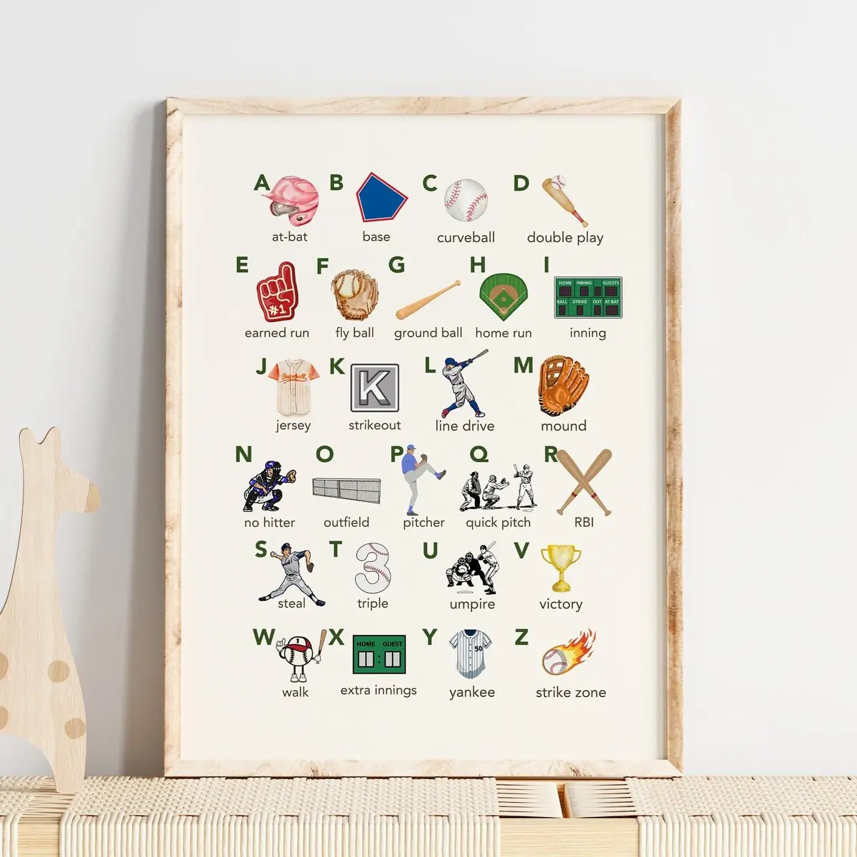 Baseball Alphabet Nursery Print | Watercolor ABC Wall Art for Boys Kids Room | Unframed, 5 Sizes 8x12-27x40 in