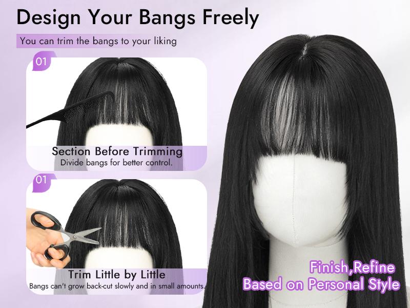 Long Black Hair Topper with Bangs for Women, 4x4 Realistic Scalp,Free Parting, Layered Hairstyle Synthetic Heat Resistant for Daily Party Use 20 inch