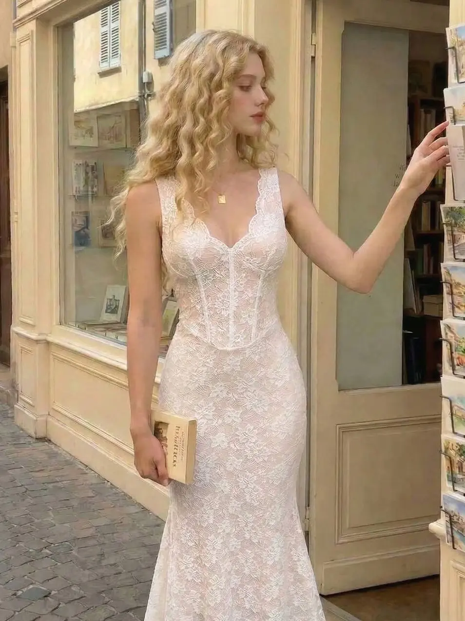 Women's White Lace Mermaid Midi Dress, Elegant Fitted Bridal Dress, Cottagecore Floral Ruffle Dress for Wedding, Garden Party, Graduation, Vacation Outfit