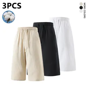 3-pack summer shorts made from pure cotton with a linen feel—street style, 7/8 length with drawstring; comfortable, breathable, loose fit for travel; versatile casual shorts suitable for everyday wear and parties.
