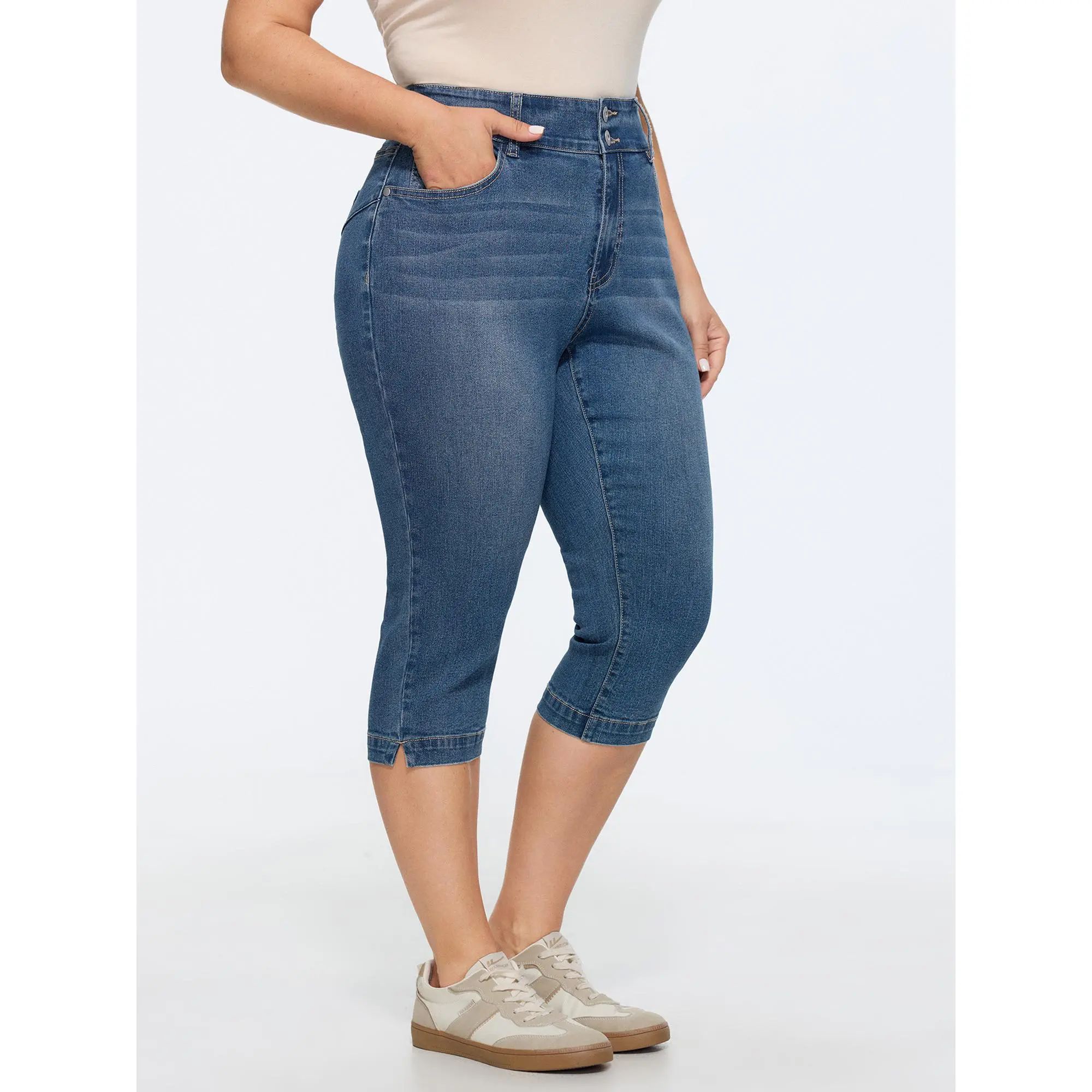 BLOOMCHIC Women's Plus Size Stretchy Spandex Skinny-Fit Cropped Jeans [M-6X] - Basic Bottoms Garment with Breathable Fabric, Summer Finds, Button, Slim, Cropped Cut, Stretch Denim, Pocket, Stretch Jeans, Button Fly, Curvy Style, 5-Pocket Jeans