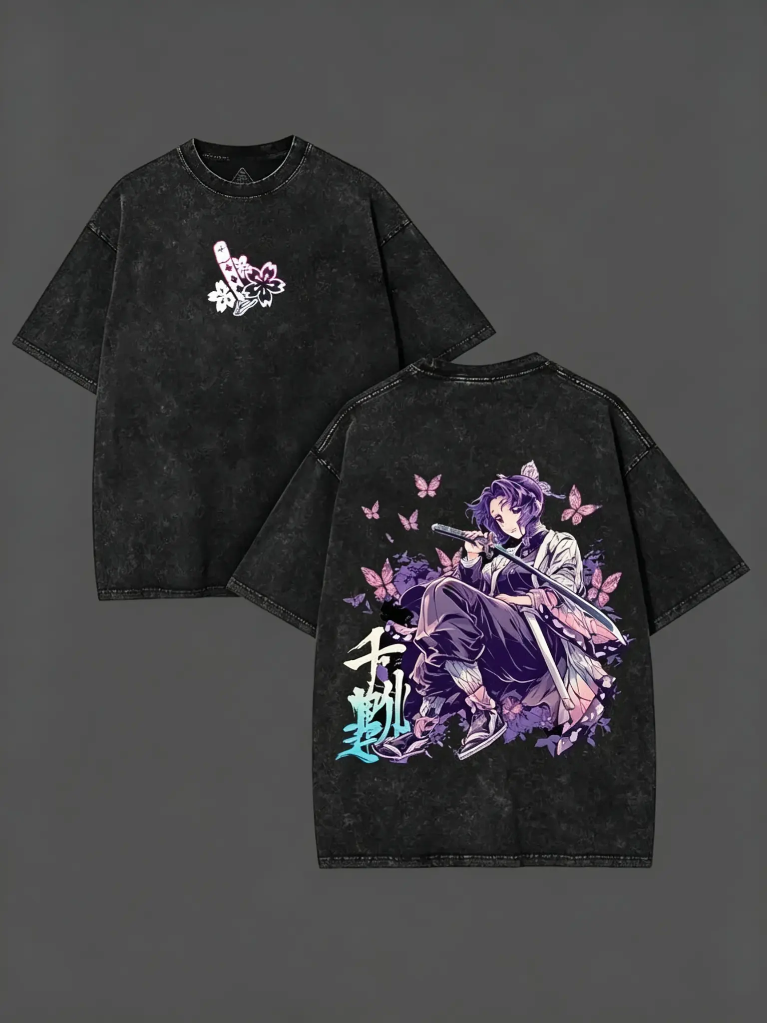Men's Vintage Acid Wash Demon Slayer Shinobu Kocho T-Shirt - Double-Sided Purple Butterfly Samurai Anime Graphic, Grunge Harajuku Oversized Heavy Cotton Casual Top, Unisex Relaxed Fit Soft Streetwear (S,2XL,3XL) - Cold Wash Safe, Loose-Fitting, Anime Mang