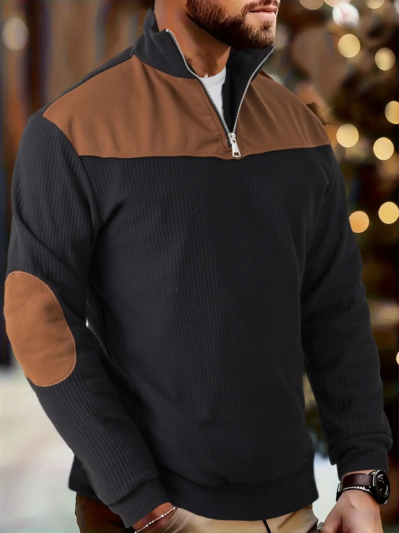 Men's Autumn Winter Christmas Festive Knitwear Knit Sweater, Menswear, Long Sleeve Colorblock Design, Polyester Jacquard Patchwork, Thick Warm 280g/m², Zipper Detail