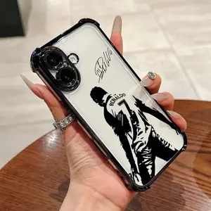 High-End Semi-Transparent Mobile Phone Case Featuring European Football Star Ronaldo CR7, Compatible with for iphone Models 16, 16E, 15, 14, 13, 12 Mini, 11 Pro Max, X, XR, XSMAX, 8, 7, And Plus, with a Black Border for Shock Resistance