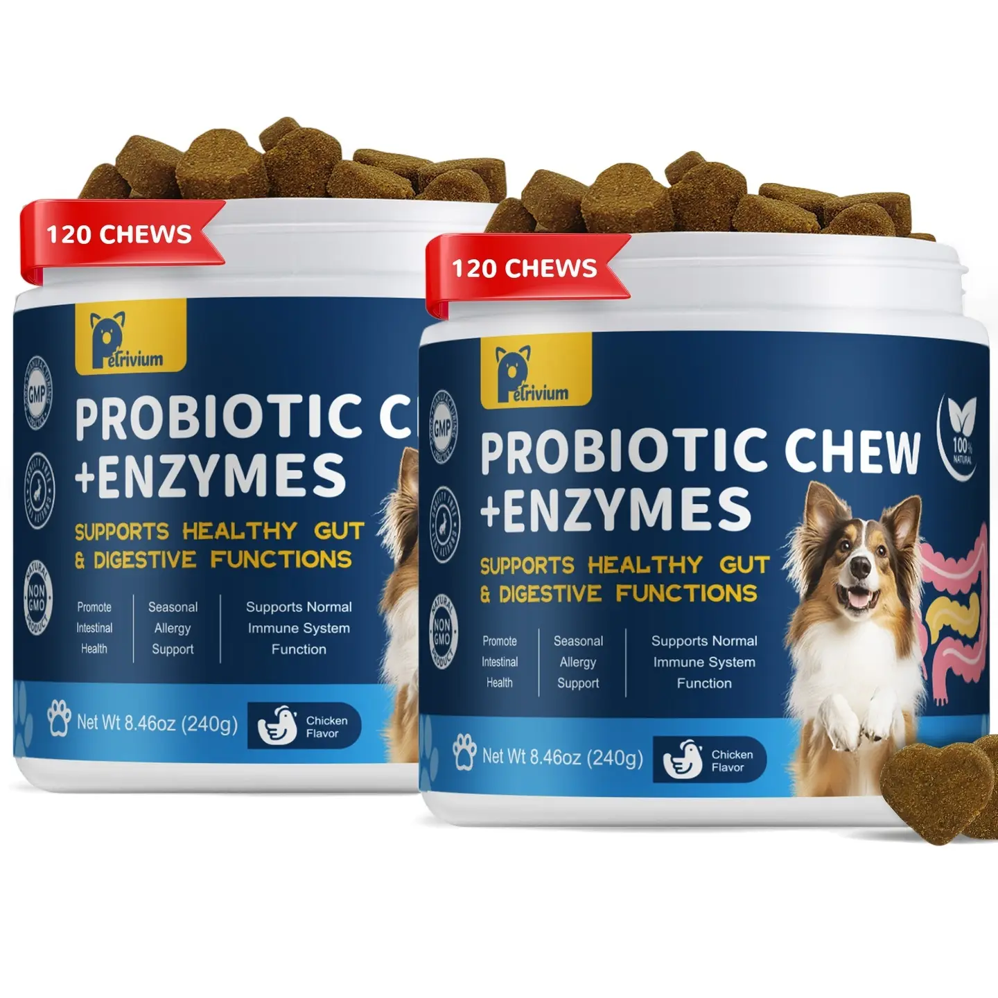 Petrivium-2Pack-Probiotics for Dogs - Dogs Probiotics Chews with Enzymes & Fiber Blend Supports Gut Health, Boost Immune - Natural Probiotic Supplement for Digestive, Diarrhea, Gas, Constipation, Itchy Skin,120Ct-#Summervibes#petlovers