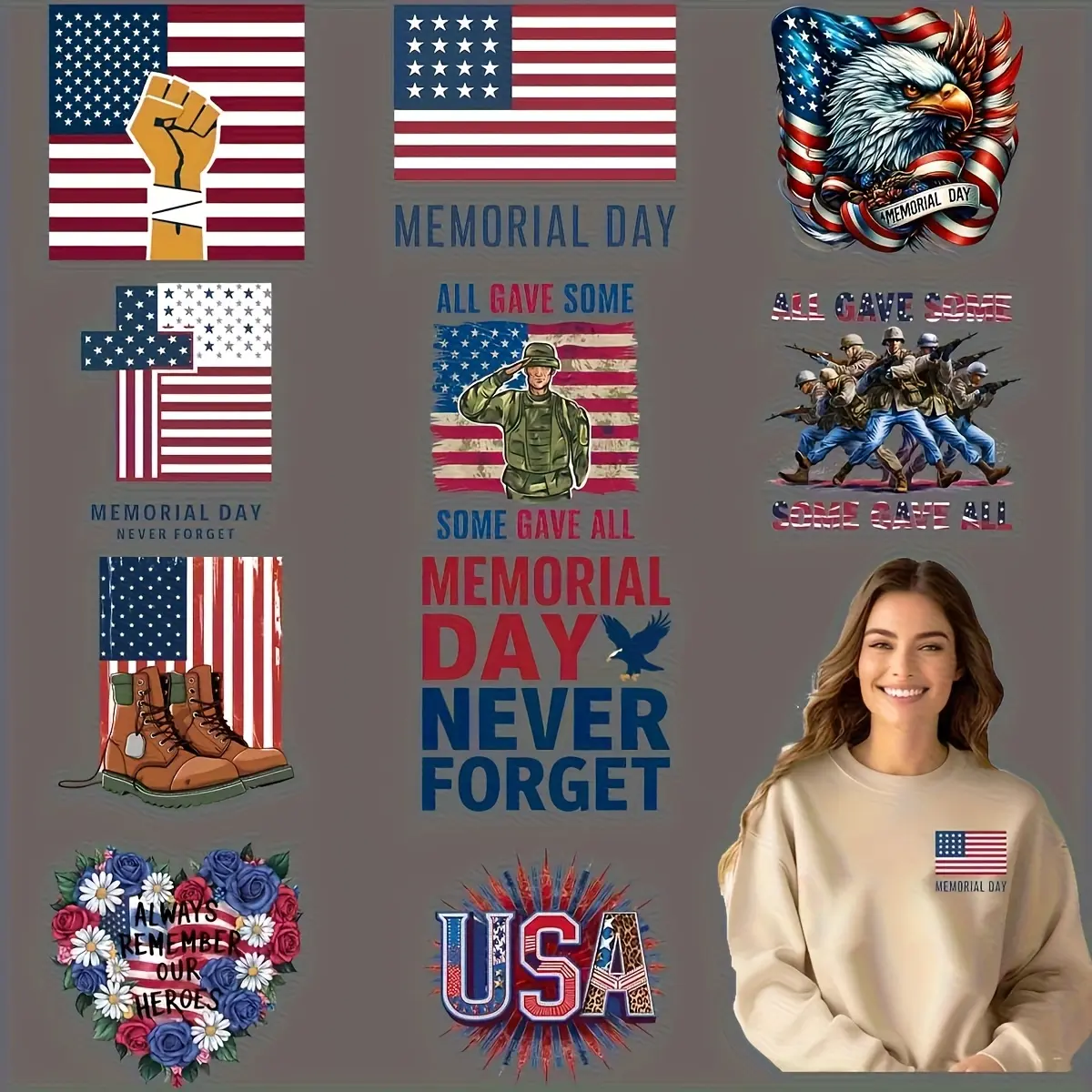 12-Piece Patriotic Theme DIY Heat Transfer Stickers Set, Washable Durable Vinyl Decals for T-Shirts Masks Jeans Backpacks, Military Tribute Series, DIY Products, DIY Craft Supplies