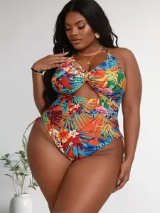 2026 New Plus Size Women's Two-Piece Bikini, Digital Print Drawstring Swimsuit