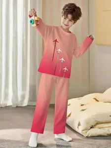 Airplane Column! Pink-purple gradient childlike 2-piece boys' digital printed long-sleeve pajamas with long sleep pants, made of flame-retardant fabric. A fashionable, trendy, casual, comfortable and soft pajama set, suitable for sleeping and home leisure