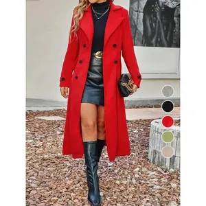 Women's Solid Double Button Lapel Woolen Coat, Casual Elegant Long Sleeve Long Coat for Women, Women's Clothing for Autumn & Winter Valentine's Day, Gift for Her, Jackets for Women, Longsleeves Clothes for Women, Solid Color Jacket